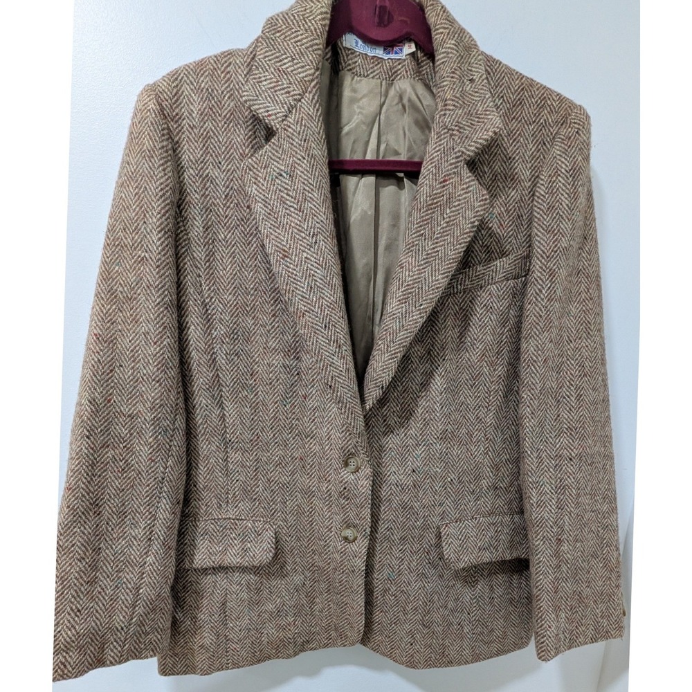 Vintage His and Hers of London Brown Herringbone Wool Blazer Jacket Size 14